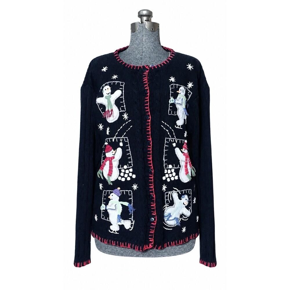 Quacker Factory Cardigan L Ramie Cotton Snowman Christmas Holiday Vtg Novelty